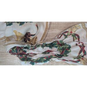 Silk Holiday Scarf Christmas Wreath Bells Print 23x19 Dye Bleed Flawed